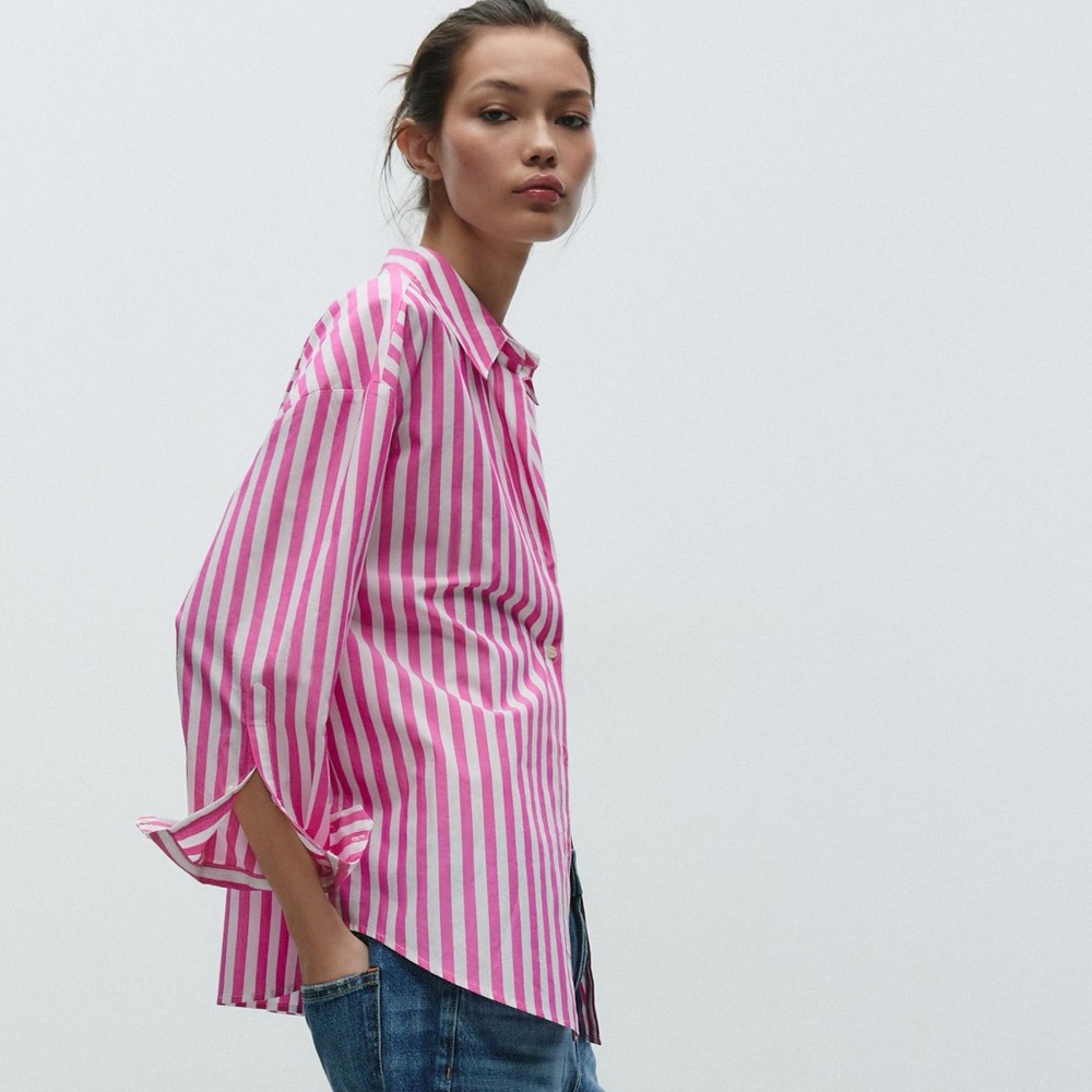 ZARA Pink & White Striped Oversized Cotton Button Front Women’s Shirt M NWT